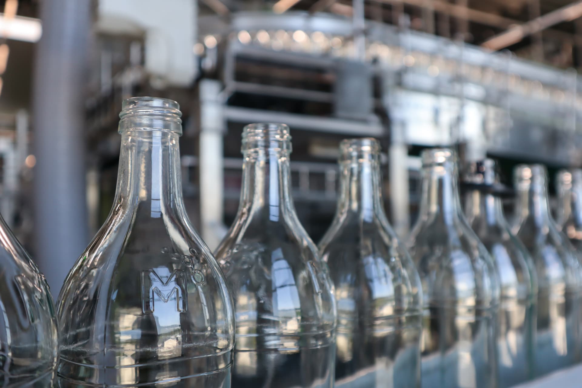 Glasflaschen mit MAGNUS-Emblem in der Produktion